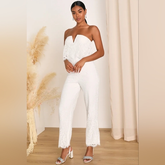 Lulus Power of Love White Lace Strapless Jumpsuit Size XL - Picture 1 of 8
